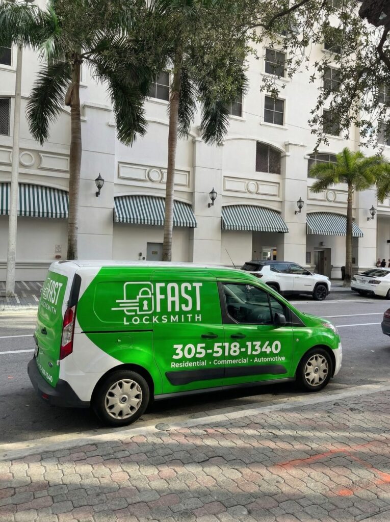Fast Locksmith service van parked on a street in Miami, FL